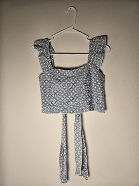 Blue Floral Square-Neck Crop Top with Tie Back